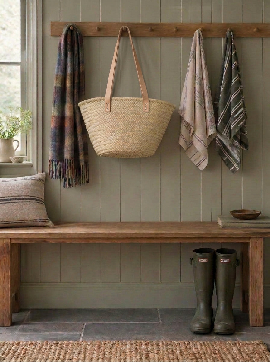 Woven artisan shopping basket hanging on a sage green peg rail above an oak bench with wellies and a linen cushion
